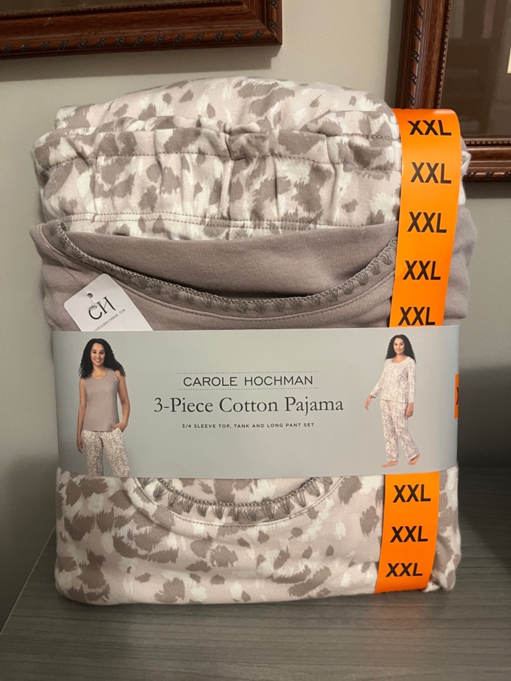 Midnight by Carole Hochman 3-Piece Cotton Pajama Set in Taupe and Cream